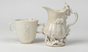 CHELSEA Blanc de Chine strawberry jug and two handled coffee cup, circa 1745, (2 items), impressed triangular mark to the base of the jug, 14cm high