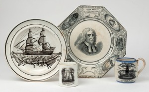 JOHN WESLEY antique centennial commemorative black and white transfer plate, together with a shipping related plate and two commemorative mugs, early to mid 19th century, (4 items), The Wesley plate 26cm wide