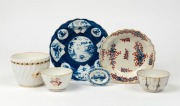 Antique English tea bowls, dishes and slops bowl, 18th century, (6 items), the slops bowl 8cm high