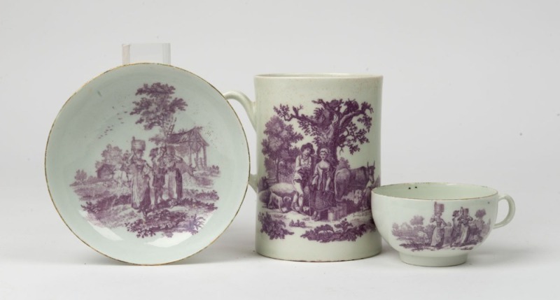 Antique porcelain tankard with puce transfer pattern country scene, together with a tea cup and saucer, 18th century, (3 items), Meissen cross swords mark to bases of the cup and saucer, the tankard 12cm high