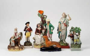 STAFFORDSHIRE group of six assorted antique pottery statues, early to mid 19th century, the largest 32cm high
