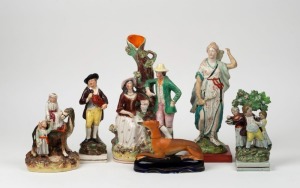 STAFFORDSHIRE group of six assorted antique pottery statues, early to mid 19th century, the largest 32cm high