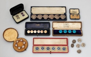 BUTTONS & STUDS, a handsome array, several complete sets and in original boxes of issue including HARDY BROS., HARRODS and FISHER, 19th and 20th century, (8 boxes)