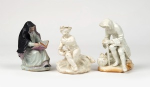 Three antique English porcelain statues of seated figures, 18th/19th century, the largest 13cm high