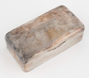 An Australian silver cigarette box by STOKES of Melbourne, bearing military inscription "LIEUTENANT F.R., JAMES R.A.N. FLINDERS NAVAL DEPOT, 29th JANUARY, 1932", 15.5cm wide, 416 grams total (including cedar lining).