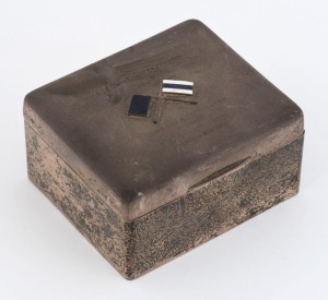 An Australian silver cigarette box with enamel flags and military inscription "A.I.F. UNIT COMPETITIONS 1937, ENGINEERS & SIGNALLERS, WINNER P.G. GOLDSTEIN, 1st DIV. SIG COY.", 10.5cm wide, 380 grams total (including cedar lining)