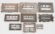 Nine assorted antique and vintage silver belt buckles including examples by FINCKH, DENIS BROTHERS, K & Co. and others, 19th/20th century, (9 items), ​​​​​​​the largest 9.5cm high, 256 grams total