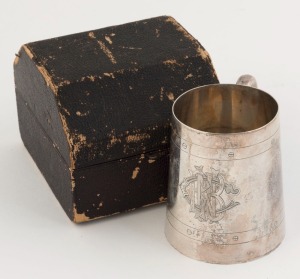 FAIRFAX & ROBERTS of Sydney, antique Australian silver mug with engraved monogram, housed in original plush fitted leather case with Fairfax & Roberts branding, late 19th century, stamped "FAIRFAX & ROBERTS, STG. SILVER", 9cm high, 186 grams