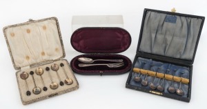 Boxed set of Australian silver golfing teaspoons by KITCHEN & BINGHAM, together with a boxed set of sterling silver and enamel coffee bean spoons, plus a boxed spoon and fork set engraved "DOROTHY", 19th and 20th century, (3 boxes),