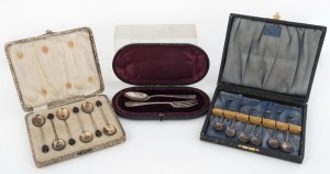 Boxed set of Australian silver golfing teaspoons by KITCHEN & BINGHAM, together with a boxed set of sterling silver and enamel coffee bean spoons, plus a boxed spoon and fork set engraved "DOROTHY", 19th and 20th century, (3 boxes), 