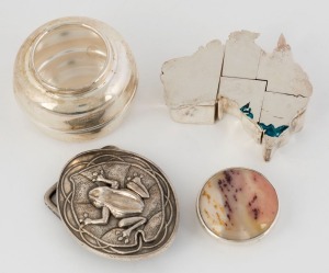 BRIAN EGGLETON Australian silver jar with stone inset lid, an Australian silver frog belt buckle, and a five part Australian silver and enamel trinket box set, (3 items), the buckle 6.5cm wide, 246 grams total (not including the stone lid)
