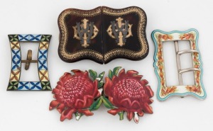 An antique silver and enamel waratah buckle, an Australian silver and floral enamel buckle, an antique enamel finished buckle, plus a fine antique buckle, 19th and 20th century, (4 items), the waratah example 8cm wide