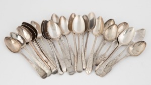 Twenty four assorted bright cut silver teaspoons, mostly CHANNEL ISLANDS or English, mixed vintages and makers, including JACQUES QUESNEL, JEAN LE GALLAIS, THOMAS DE GRUCHY and JOHN LE GALLAIS, WILLIAM BATEMAN and others, 346 grams total