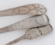 Twenty four assorted bright cut silver teaspoons, mostly CHANNEL ISLANDS or English, mixed vintages and makers, including&nbsp;JACQUES QUESNEL, JEAN LE GALLAIS, THOMAS DE GRUCHY and JOHN&nbsp;LE GALLAIS, WILLIAM BATEMAN and others, 346 grams total - 2