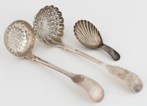 Antique English made sterling silver caddy spoon and two silver sifting spoons, all with CHANNEL ISLANDS over-struck marks by JEAN LE GALLAIS and JACQUES QUESNEL, 19th century, (3 items), the largest 16.5cm long, 112 grams