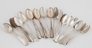 Twenty seven assorted silver teaspoons, mostly CHANNEL ISLANDS or English, mixed vintages and makers, including CHARLES WILLIAM QUESNEL, FRANCIS KERBY, JACQUES QUESNEL, WILLIAM BATEMAN, GEORGE GRAY, 480 grams total