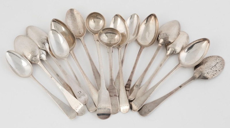 Set of four Hanoverian Guernsey silver teaspoons stamped "I.H." circa 1740; set of five Jersey silver teaspoons by GEORGE HAMON, circa 1770; five assorted Jersey silver teaspoons by THOMAS BOUTON, circa 1735; THOMAS JACKSON, circa 1735; and GEORGE MAUGER