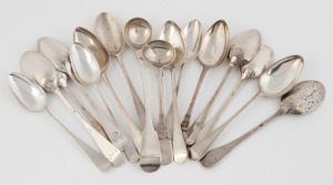 Set of four Hanoverian Guernsey silver teaspoons stamped "I.H." circa 1740; set of five Jersey silver teaspoons by GEORGE HAMON, circa 1770; five assorted Jersey silver teaspoons by THOMAS BOUTON, circa 1735; THOMAS JACKSON, circa 1735; and GEORGE MAUGER (3), circa 1770; plus two mustard spoons by CHARLES WILLIAM QUESNEL, circa 1840, (16 items), the larger mustard spoon 13cm long, 158 grams tot
