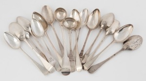 Set of four Hanoverian Guernsey silver teaspoons stamped "I.H." circa 1740; set of five Jersey silver teaspoons by GEORGE HAMON, circa 1770; five assorted Jersey silver teaspoons by THOMAS BOUTON, circa 1735; THOMAS JACKSON, circa 1735; and GEORGE MAUGER 