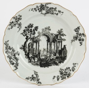 WORCESTER antique English cabinet plate with black transfer classical scene, circa 1770, 22.5cm diameter