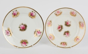 SWANSEA pair of antique porcelain plates with hand-painted rose florets and gilded highlights, circa 1800, impressed mark to base, 21.5cm diameter