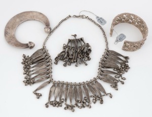 SLAVE MONEY African silver bangle, Asian tribal silver necklace, heavy silver bangle and an unusual silver pendant, (4 items), ​​​​​​​338 grams total