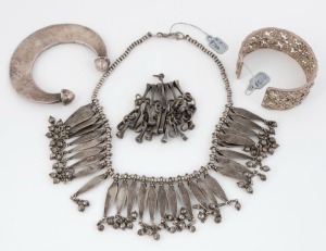 SLAVE MONEY African silver bangle, Asian tribal silver necklace, heavy silver bangle and an unusual silver pendant, (4 items), 338 grams total