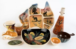 VANDE Australian map pottery savoury dish, together with pottery banksia bowl, table lamp, ramekins, dishes and beaker, (9 items total), the lamp 26cm high