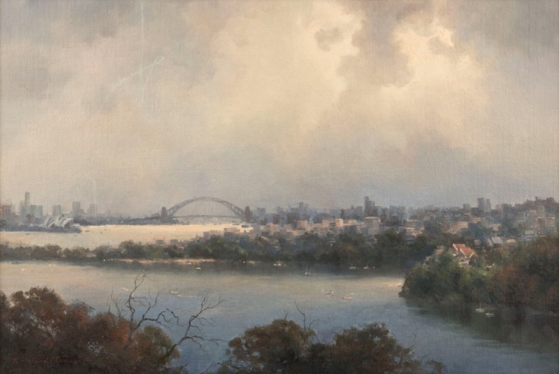 RAMON WARD THOMPSON (1941 - ), Sydney Harbour, oil on board, signed lower left "R. Ward Thompson", ​​​​​​​40 x 60cm, 53 x 74cm overall