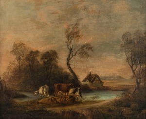 ARTIST UNKNOWN (British School;), (cows in landscape), oil on board, 60 x 74cm, 67 x 89cm overall