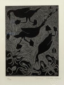 DENNIS NONA (1973 - ), (birds and yabbies), linocut, 5/99, signed lower right "Dennis Nona", 23 x 19cm, 42 x 33cm overall