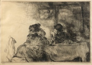 EDMUND BLAMPIED (1886-1966), untitled (smoking figures), drypoint engraving, 40/100, signed lower centre "E. Blampied", 22 x 31cm, 53 x 42cm overall