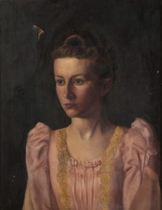 ARTIST UNKNOWN, (portrait of a young lady in pink), oil on canvas, pencil inscription verso (illegible), 65 x 50cm, 83 x 67cm overall