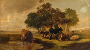 J. DAVIS (British), (cattle and sheep in landscape, 19th century), oil on canvas (relaid), signed lower right "J. Davis", 60 x 106cm, 73 x 119cm overall