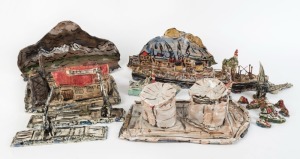 ROBERT RAPSON (New Zealand) painted and glazed ceramic shipping sculptures, (19 pieces), most signed, the ship 42cm long