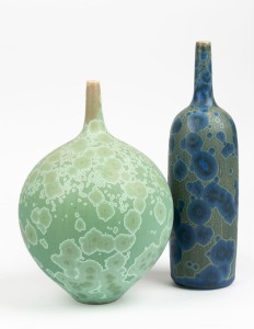 TED SECOMBE two crystalline pottery stem vases, incised "E. S." to bases, 23cm and 19cm high