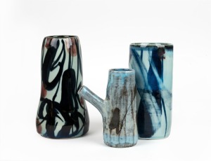 MITSUO SHOJI pottery sauce pourer and two pottery vases, (3 items), each signed to the base, with accompanying documentation, the largest 22cm high