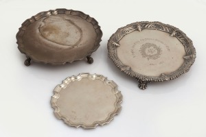 Two English sterling silver salvers, together with a sterling silver card tray, 19th and 20th century, (3 items), the largest 21cm wide, 844 grams total
