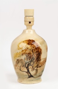 MARTIN BOYD pottery table lamp base with hand-painted landscape scene, incised "Martin Boyd", ​​​​​​​25cm high overall