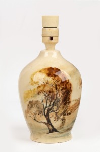 MARTIN BOYD pottery table lamp base with hand-painted landscape scene, incised "Martin Boyd", 25cm high overall