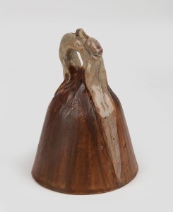 PHILIPPA JAMES pottery bell with applied gumnut and leaf with branch handle, 12cm high