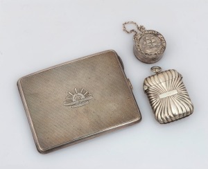 An antique sterling cigarette case engraved "AUSTRALIAN COMMONWEALTH MILITARY FORCES", an antique sterling silver vesta case, plus a sterling silver pill box with ship motif, 19th/20th century, (3 items), the cigarette case 10.5cm wide, 168 grams total