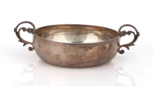 An 18th century CHANNEL ISLANDS silver christening cup by PHILIPPE Le VAVASSEUR dit DURREL of Jersey, circa 1740, engraved "I.H.M.", 4.5cm high, 15cm wide, 104 grams