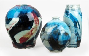 MITSUO SHOJI group of three blue glazed pottery vases, all signed on the base, ​​​​​​​the largest 28cm high