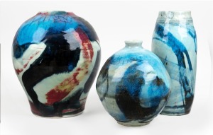 MITSUO SHOJI group of three blue glazed pottery vases, all signed on the base, the largest 28cm high