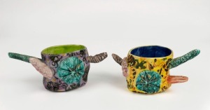 JENNY ORCHARD pair of art pottery bowls, signed "Jenny Orchard", ​​​​​​​9cm high, 20cm wide