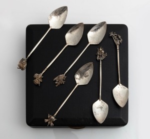 CARMELLE set of six Australian silver teaspoons with wildflower motifs, housed in original plush box, 20th century, 11.5cm long, 58 grams total