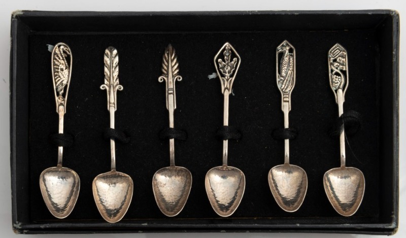 LINTON of Perth boxed set of six Australian silver coffee spoons with wildflower motifs, 20th century, stamped "JAL. ST. SILVER", 8.5cm long, 44 grams total