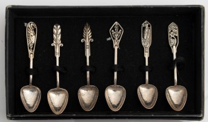 LINTON of Perth boxed set of six Australian silver coffee spoons with wildflower motifs, 20th century, stamped "JAL. ST. SILVER", 8.5cm long, 44 grams total