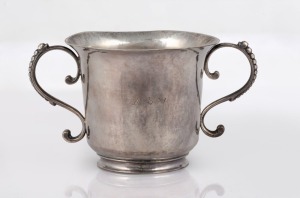 An 18th century CHANNEL ISLANDS Guernsey silver christening cup by THOMAS MANSELL, circa 1710 inscribed "A.S.V.", 6cm high, 11cm wide, 74 grams